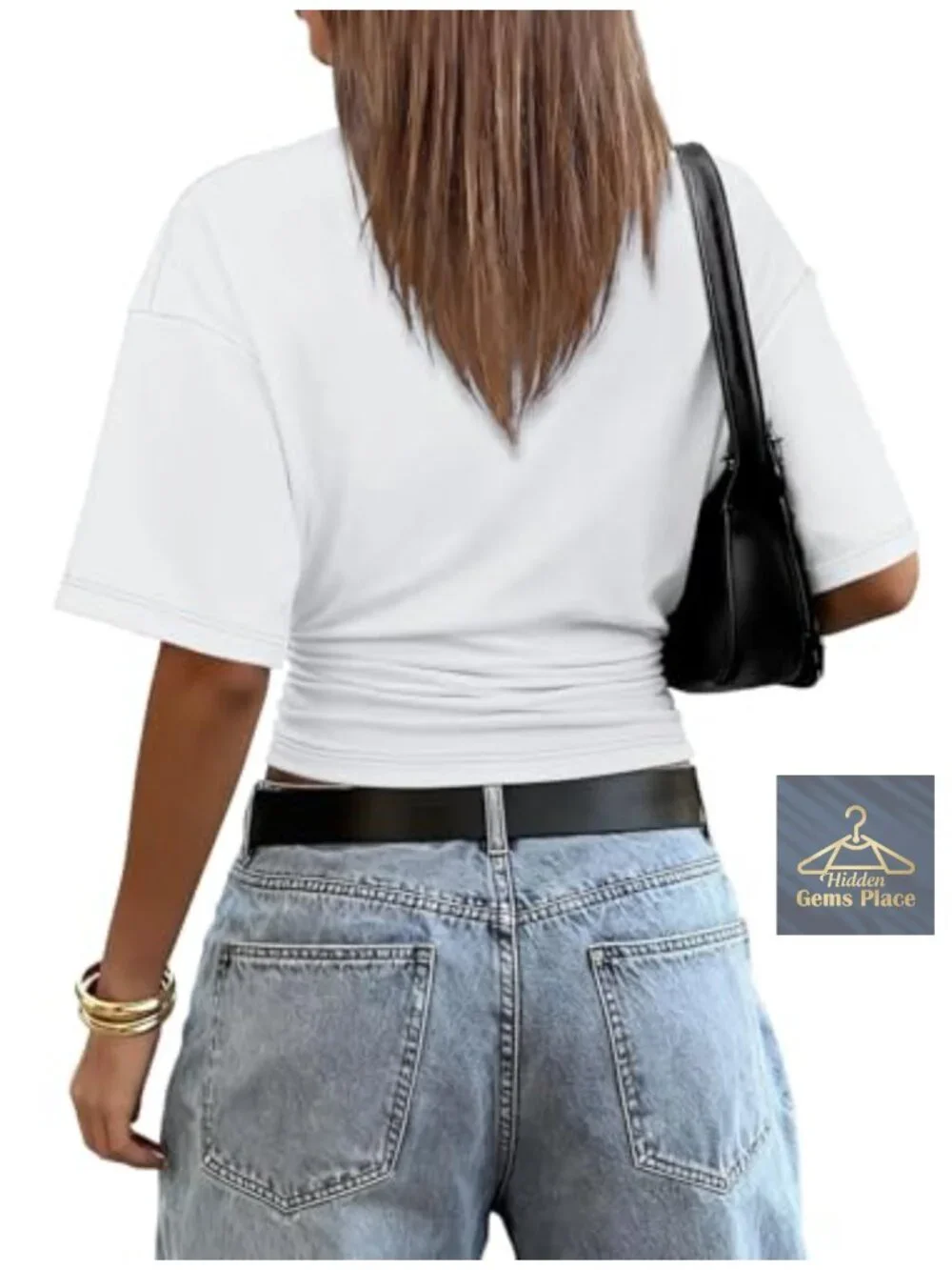 Crop tee ruched waist batwing short sleeve slim fitted basic t-shirt going out - Picture 4 of 5